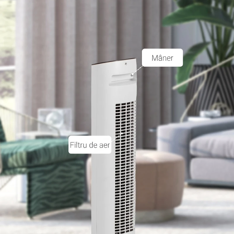 Ventilator turn HOMCOM cu telecomandă, 3 viteze, mod de repaus, oscilație, temporizator de 15 ore, afișaj LED, alb