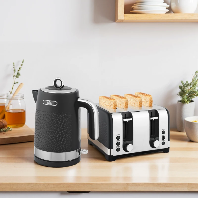 HOMCOM Sleek Textured Kettle and Four-Slice Toaster Set - Black