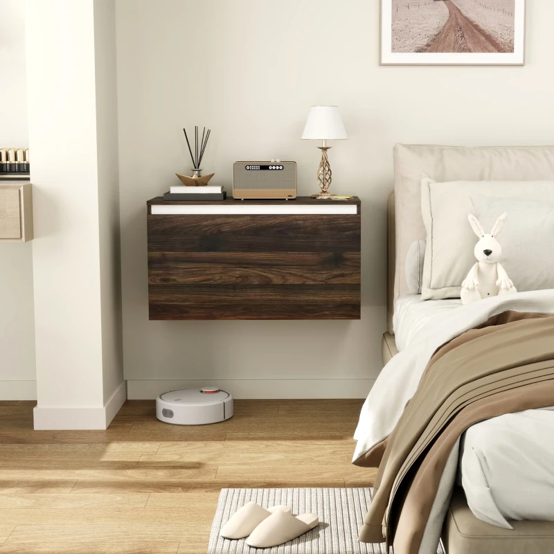 HOMCOM Comodino Sospeso con Cassetto Senza Maniglie e con Fissaggio a Parete, 80x30x45cm, Noce