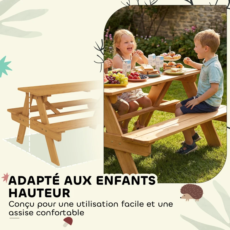 AIYAPLAY Ensemble salon de jardin extérieur enfant, table pique-nique enfant avec bancs, cadre en bois massif, bois naturel