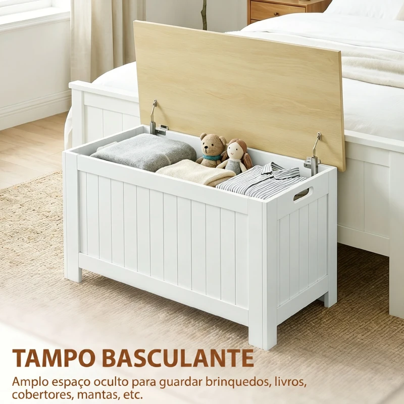 HOMCOM Baú de Arrumação 90 L com Tampa Versátil com Dobradiça de Segurança 80,5x40x46,4 cm Madeira e Branco