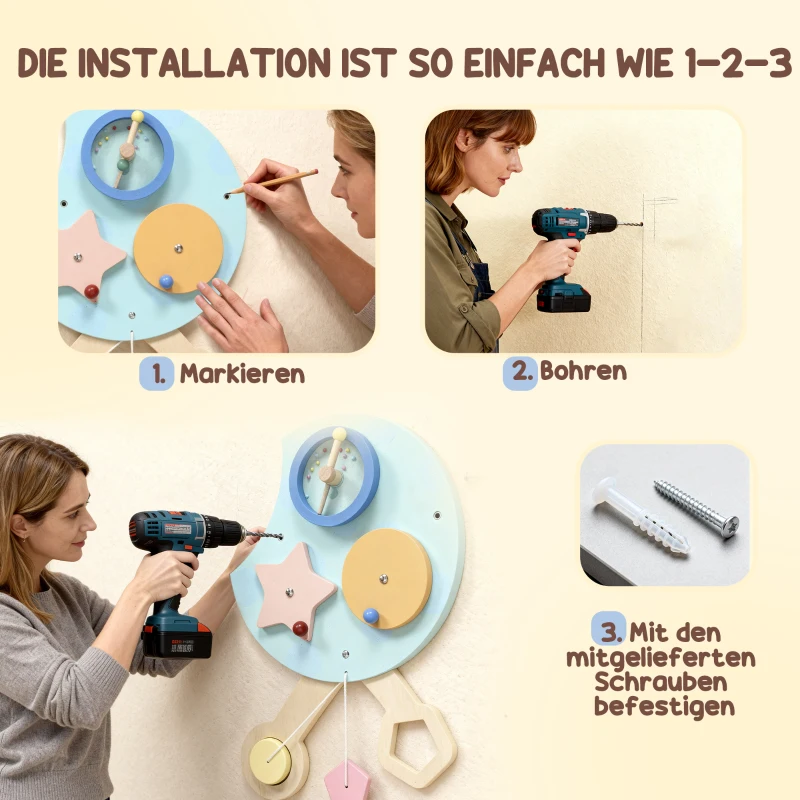 AIYAPLAY 7-in-1 Wandspielzeug, Xylophon, Zahnräder, Raupen-Design, MDF, 108 cm, Bunt