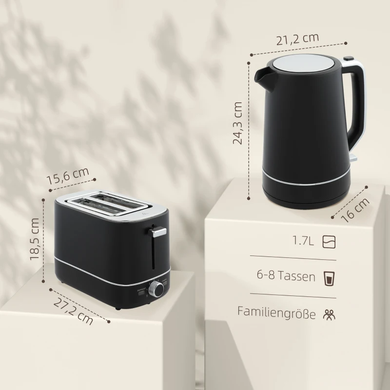 HOMCOM Set van 1,7 L waterkoker en broodrooster met 6 bruiningsstanden, Zwart/Staal
