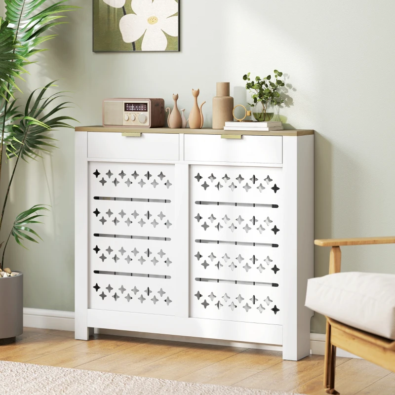 HOMCOM Couvercle de radiateur, cache radiateur avec placard rabattable et étagère supérieur, 108 x 19 x 95,5 cm, blanc