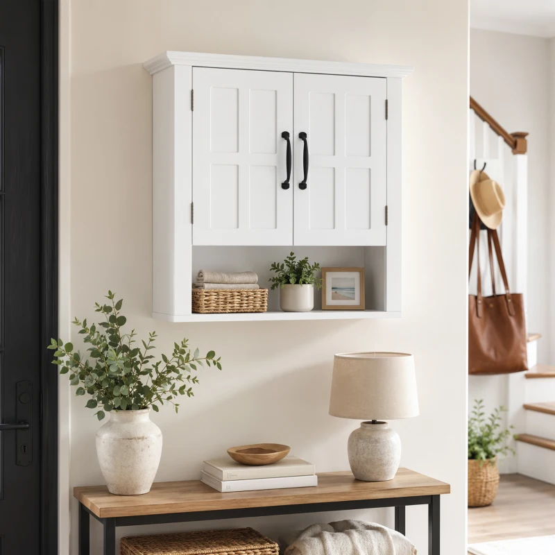 HOMCOM Armoire Haute Murale de Salle de Bain ou WC Placard 2 Portes 2 étagères Niche dim. 60L x 20l x 58H cm MDF Panneaux Particules Blanc