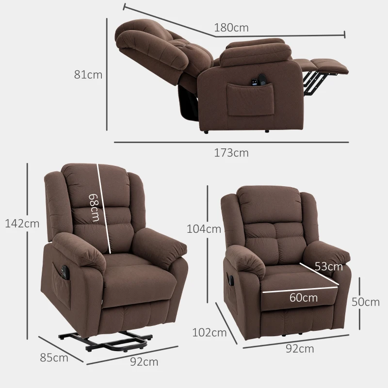 HOMCOM Opsta-hulpstoel met massagefunctie en lendenverwarming, relaxfauteuil met afstandsbedieningen en zijzakken, donkerbruin