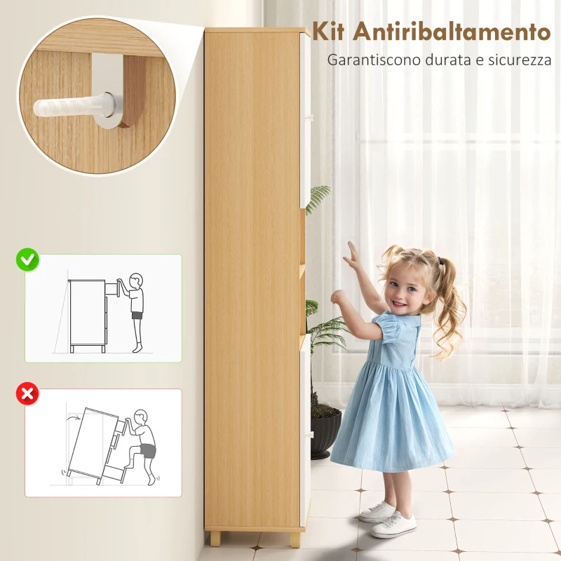 HOMCOM Colonna Bagno con 2 Armadietti e Ripiani Aperti, Mensole Interne Regolabili, 30x30x166 cm, Bianco e Legno