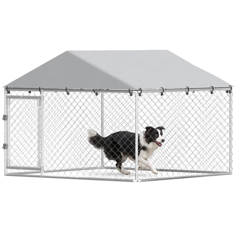 PawHut Recinto para Perros de Exterior en Acero Galvanizado con Techo de PE Plateado