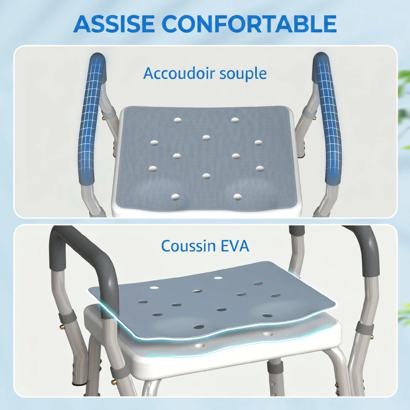 HOMCOM Taburet pentru Duș Reglabil cu Brațe și Orificii de Drenaj, din Aluminiu, HDPE și EVA, 52x45x57-69 cm