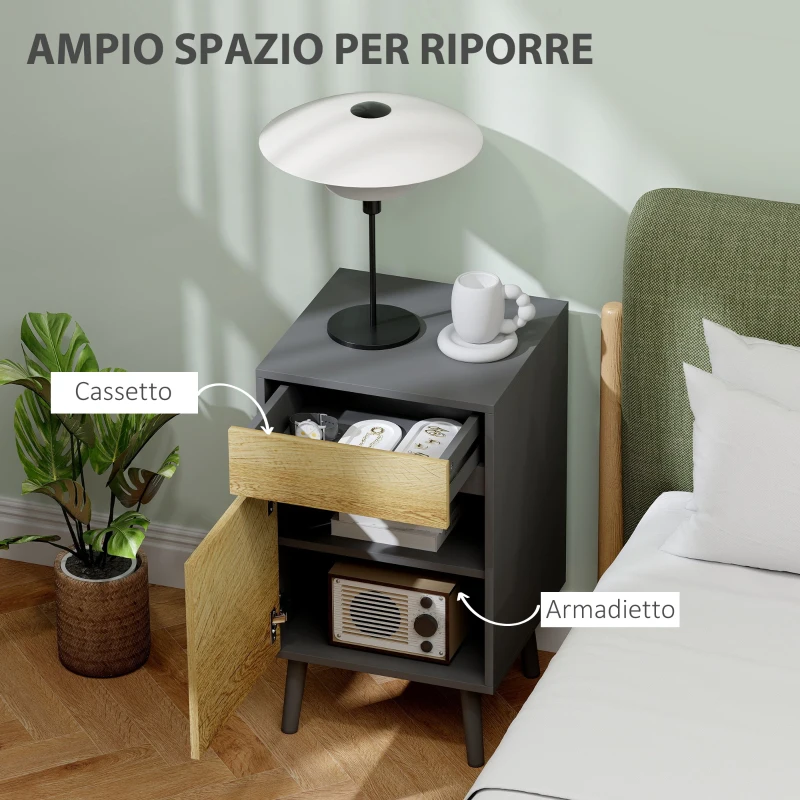 HOMCOM Comodino con Cassetto e Armadietto Moderno Senza Maniglie, 40x39x69 cm, Grigio Scuro e Legno