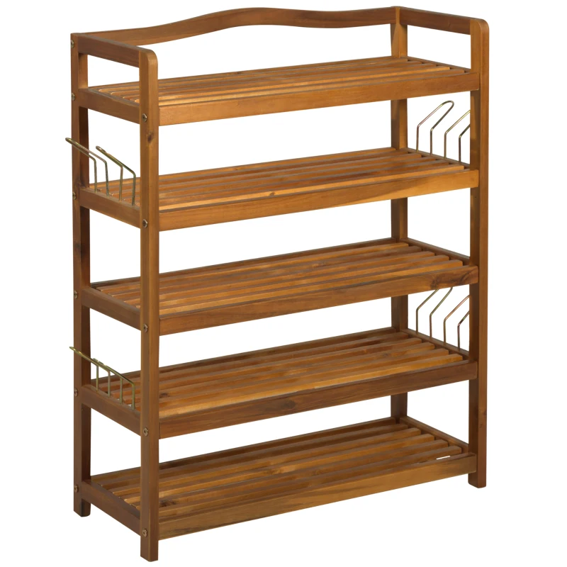 HOMCOM 5-Tier Shoe Rack, Acacia Wooden Shoe Storage Organiser with Hangers, Holds up to 19 Pairs, for Entryway, Living Room, 64 x 26 x 82 cm, Teak