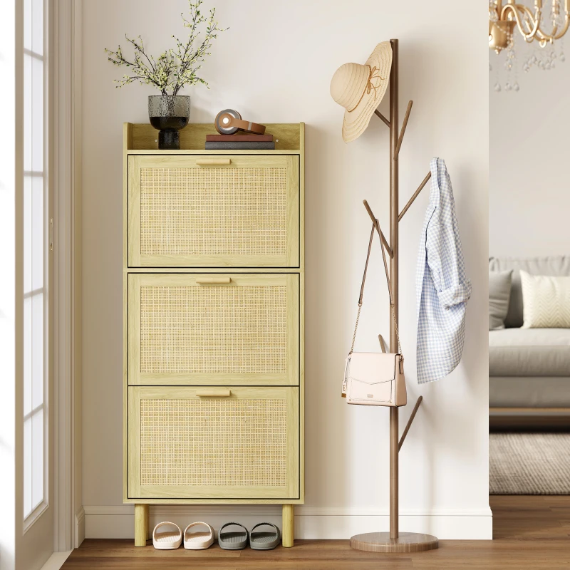 HOMCOM Meuble à chaussures 18 paires, armoire à chaussures étroite avec 3 tiroirs rabattables, étagères réglables, chêne