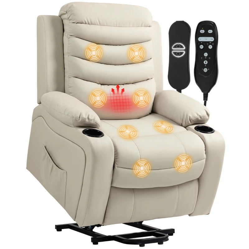 HOMCOM Elektrische Relaxstoel met Opsta-hulp, Massage, Verwarming, USB-aansluiting, PU-leer, Crème