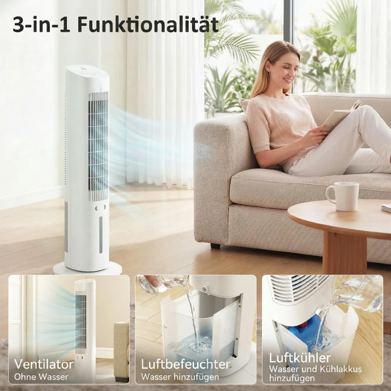 HOMCOM 3-in-1 Turm-Luftkühler mit 3-Liter-Wassertank, 3 Geschwindigkeiten und 3 Modi, Weiß