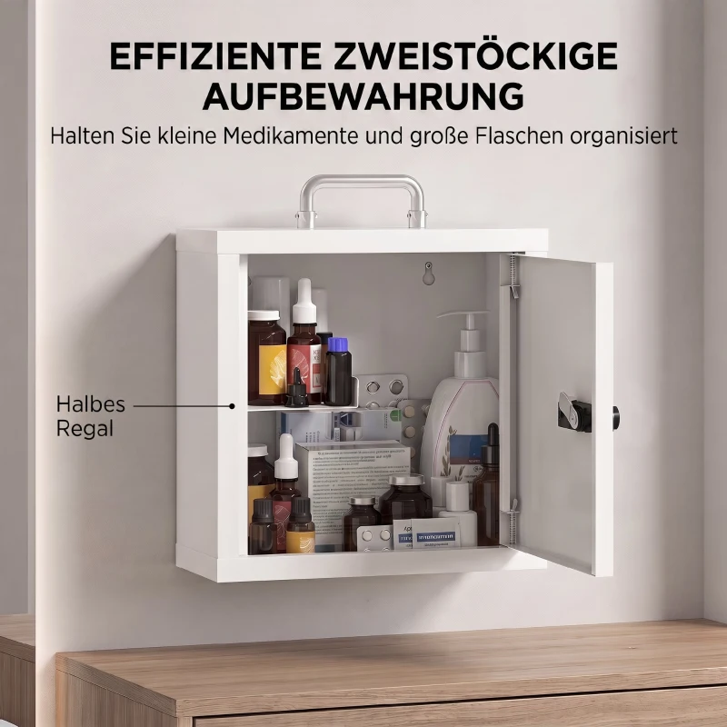 HOMCOM Medizinschrank zur Wandmontage mit Zahlenschloss, 2-stufiger Erste-Hilfe-Schrank aus Edelstahl, Weiß