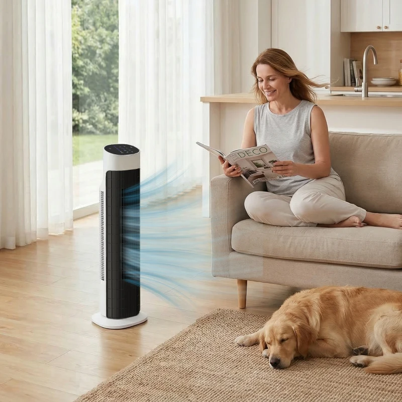 HOMCOM Ventilador de Torre Silencioso con Control Remoto 3 Velocidades 3 Modos Temporizador 7,5H Oscilación 70° Blanco y Negro