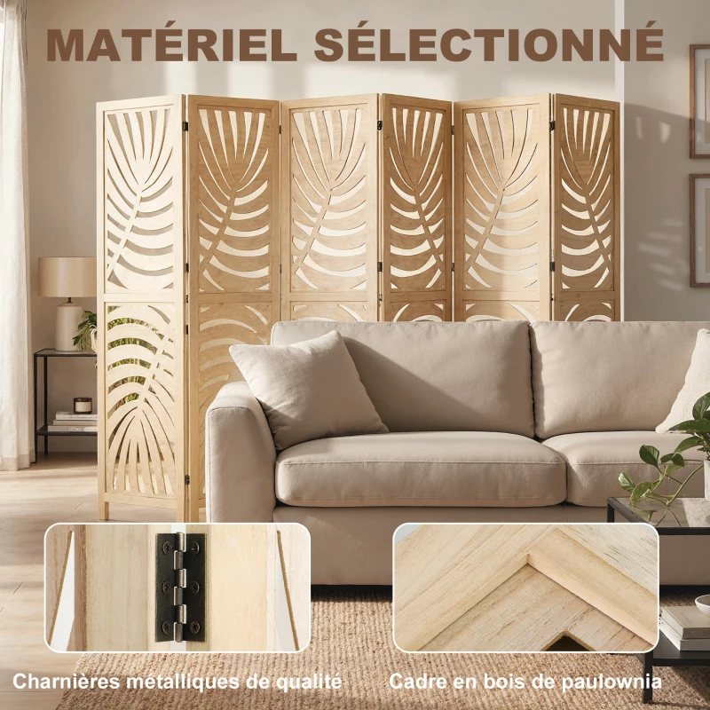 HOMCOM Paravent interieur en bois 6 panneaux 240 x 170 cm, pliable et portable, motif de feuille, design amovible, bois naturel