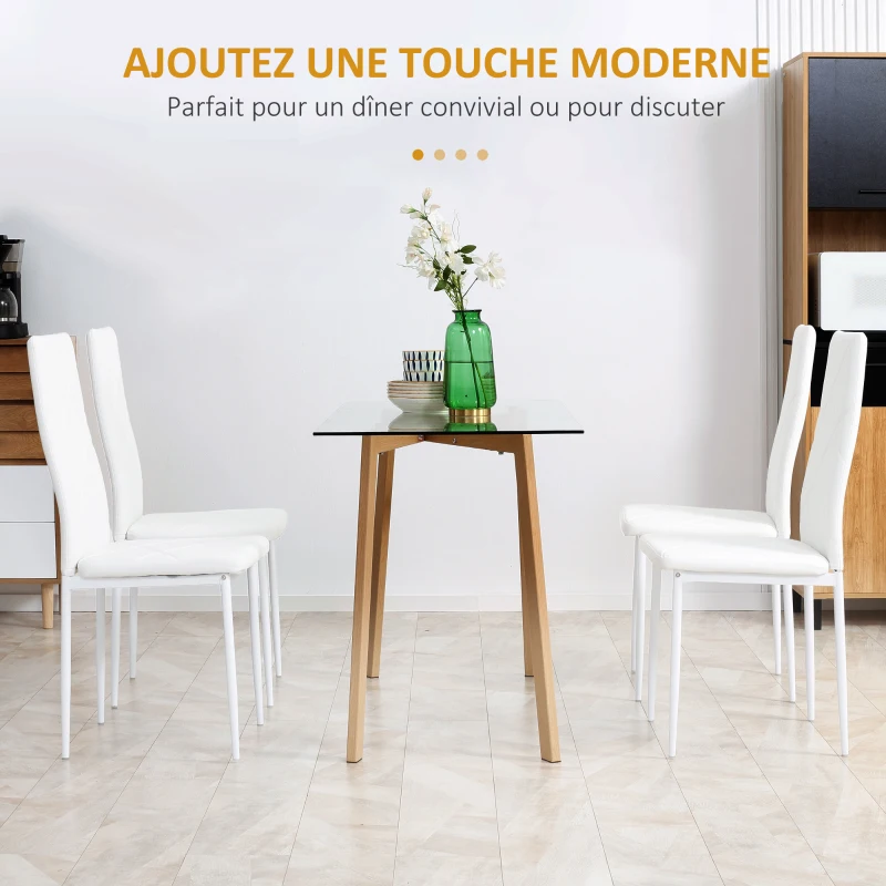 HOMCOM Lot de 4 chaises de salle à manger avec dossier haut, revêtement synthétique et pieds en acier, blanc