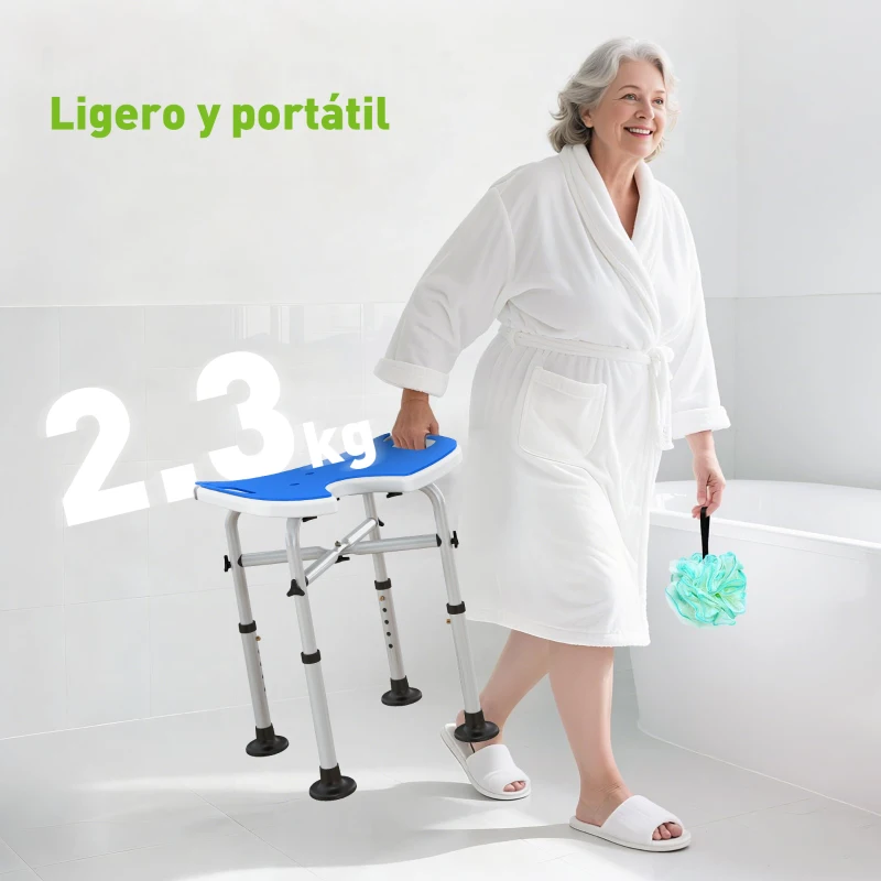 HOMCOM Silla de Ducha Antideslizante con Barra de Agarre con Ventosas Altura Regulable y Asiento en Forma de U Azul