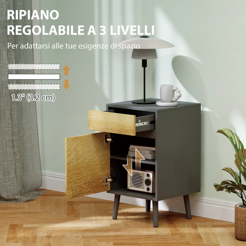 HOMCOM Comodino con Cassetto e Armadietto Moderno Senza Maniglie, 40x39x69 cm, Grigio Scuro e Legno