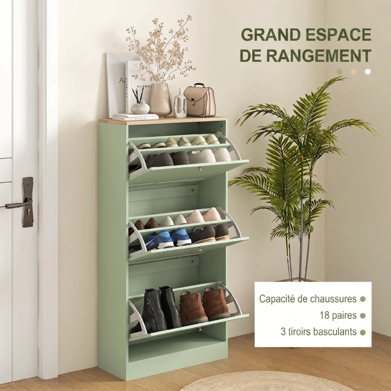 HOMCOM Meuble à Chaussures Style Moderne, 3 Portes Abattantes, 18 Paires de Chaussures, 60 x 23,5 x 115 cm, Vert