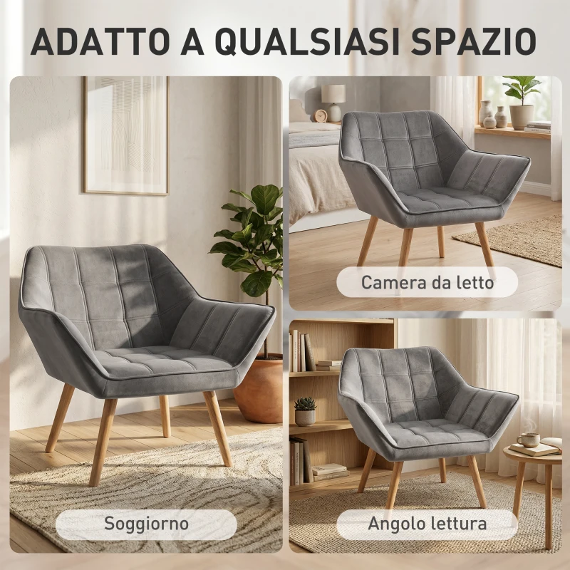 HOMCOM Poltroncina Stile Nordico in Legno ed Effetto Velluto Grigio per Soggiorno o Ufficio, 67x61.5x71 cm