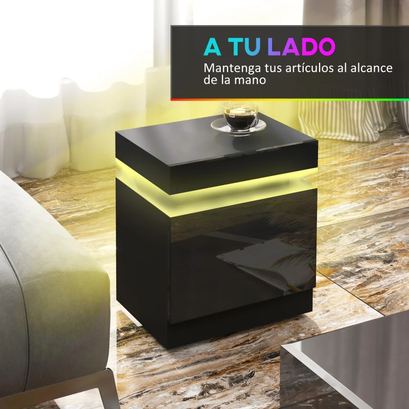 HOMCOM Mesilla de Noche con Luces LED 2 Cajones y Control de APP Mesa de Noche para Dormitorio Salón 45x35x52 cm Negro