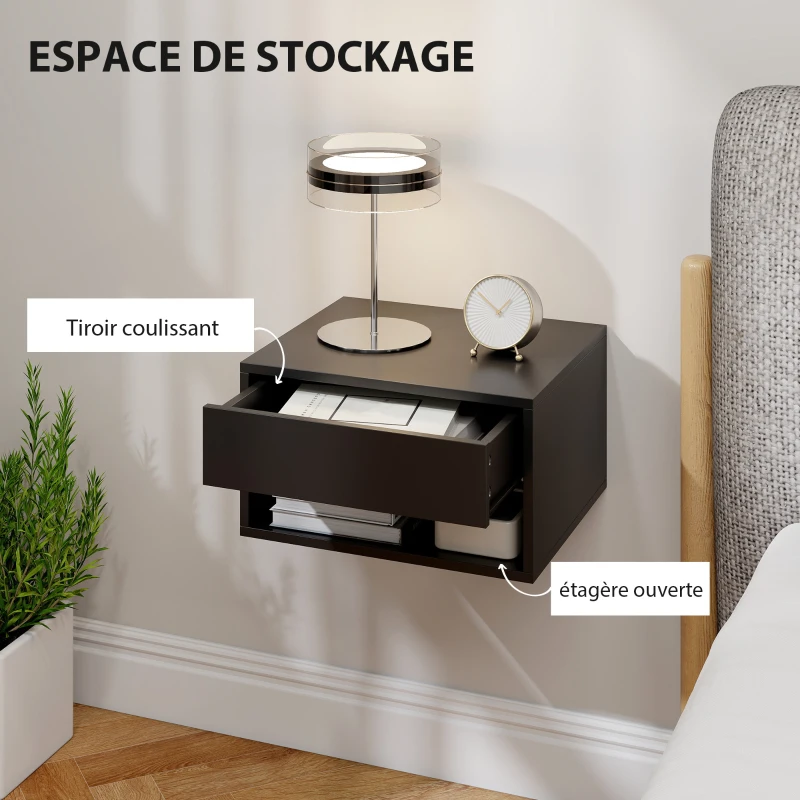 HOMCOM Lot de 2 tables de chevet murales, tables de nuit, tiroir, compartiment ouvert, plateau, 37 x 32 x 21 cm, noir
