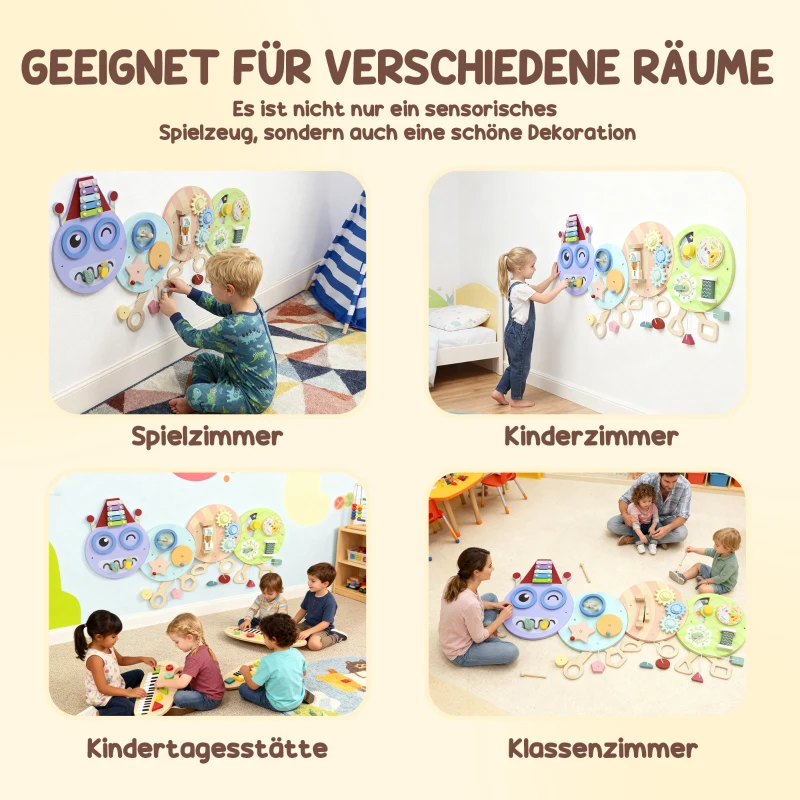 AIYAPLAY 7-in-1 Wandspielzeug, Xylophon, Zahnräder, Raupen-Design, MDF, 108 cm, Bunt