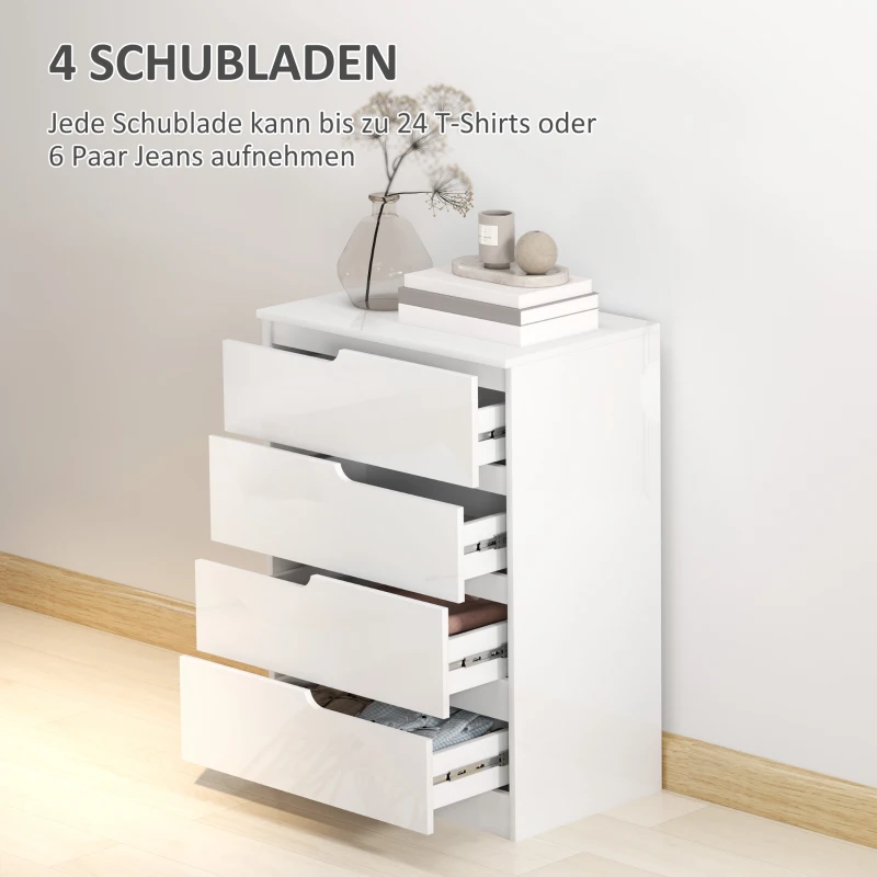 HOMCOM Modern Dressoir met 4 Laden, Kledingkast, Kiepbeveiliging en Voetjes, Wit