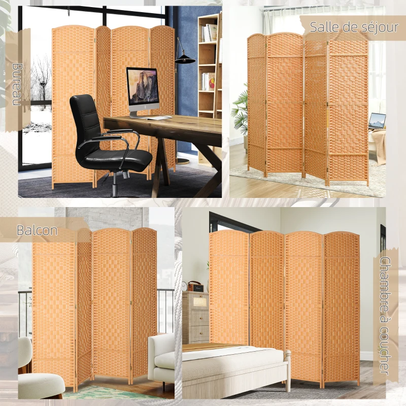 HOMCOM Paravent intérieur en bois 4 panneaux séparateur de pièce pliable pour salon chambre 180 x 180 cm brun clair