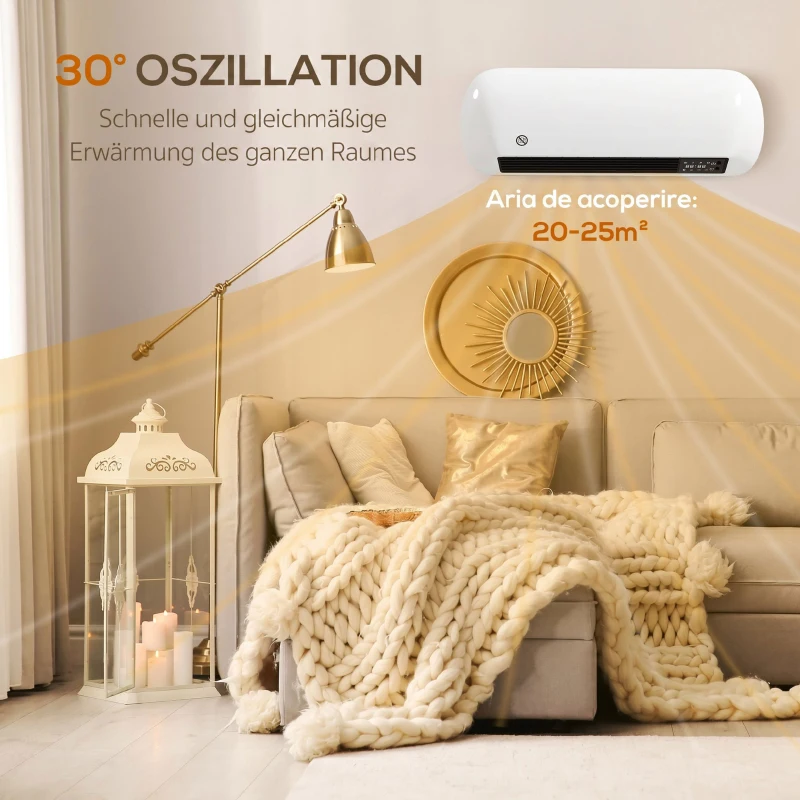 HOMCOM Calefactor Eléctrico de Pared 2000W con 3 Modos Pantalla LED Termostato Temporizador y Oscilación Blanco