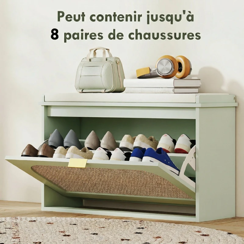 HOMCOM Banc à chaussures, banc de rangement, assise rembourrée, tiroir rabattable, porte en rotin, 80 x 26 x 47,5 cm, vert