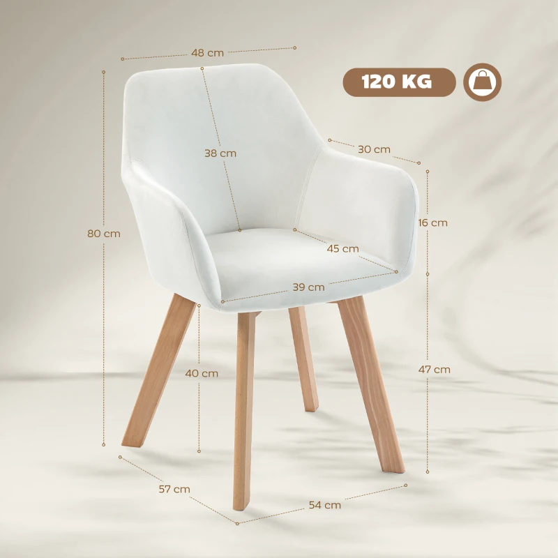 HOMCOM Lot de 2 chaises de salle à manger Fauteuil Assise rembourrée en tissu effet velours Pieds en bois, crème
