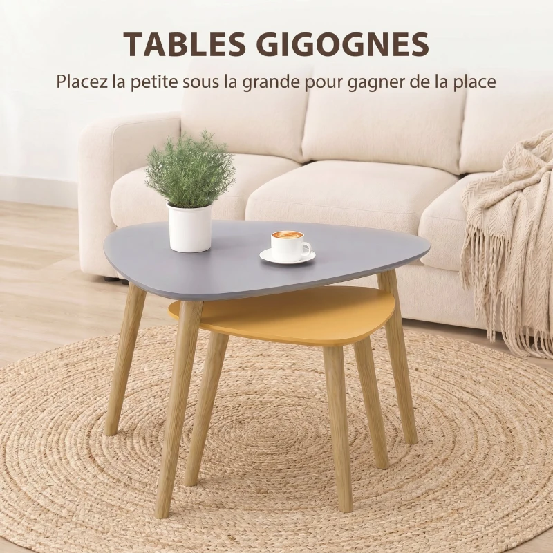 HOMCOM Lot de 2 tables basses gigognes design scandinave pieds en bois et plateau en bois, gris et jaune