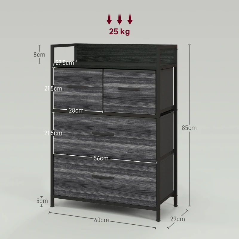HOMCOM Kommode, Sideboard, 4 Stoffschubladen, Industrial Design, 60x29x85cm, Schwarz