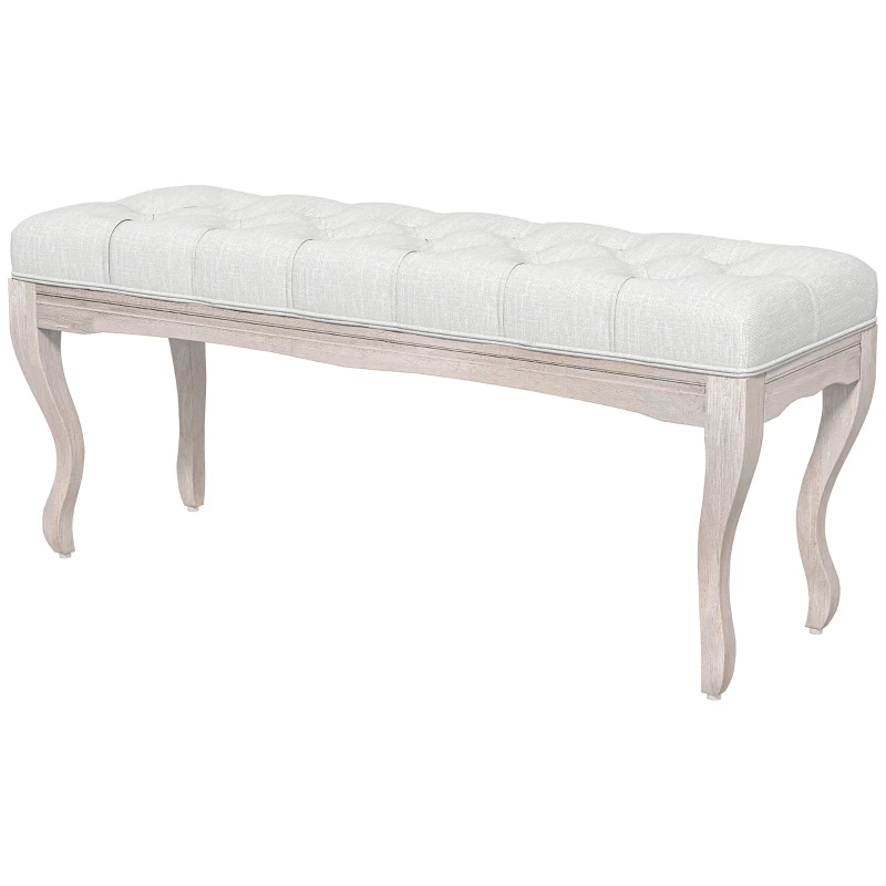 HOMCOM Banc Banquette capitonnée Style Classique 110 cm Bout de lit Rembourrée en lin piètement Bois hévéa sculpté blanc crème