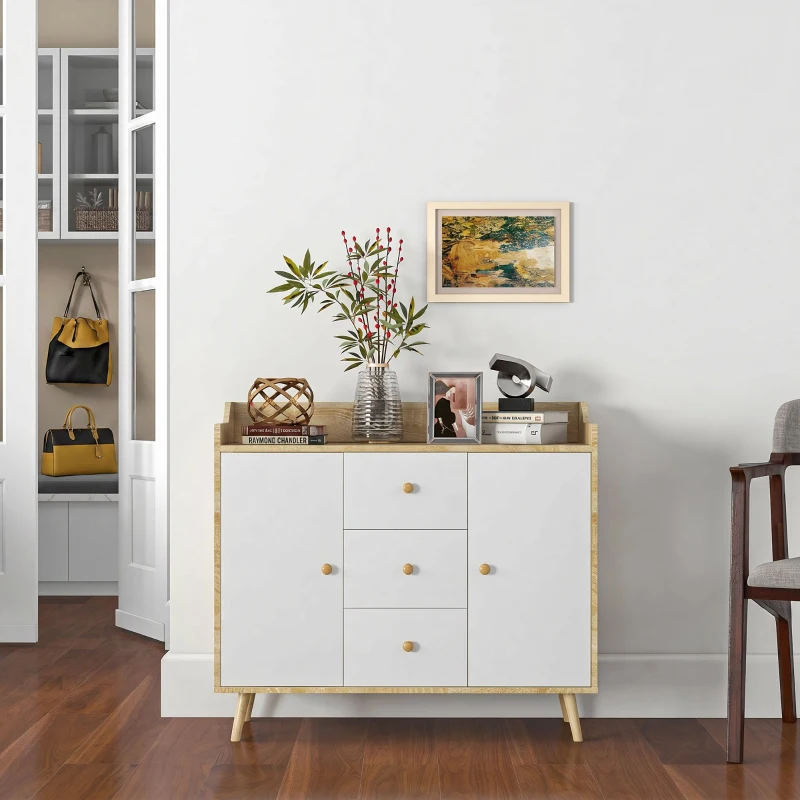 HOMCOM Bufet Modern din PAL si Lemn de di Pin cu 3 Sertare si 2 Dulapioare cu 2 Niveluri, 90x32x80 cm, Alb si Lemn Natur