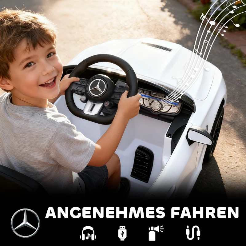 AIYAPLAY Kinder-elektroauto, Mercedes-Design, 12V Motoren, afstandsbediening, LED-lichten, muziek, voor 3-6 jaar, wit(m-7)