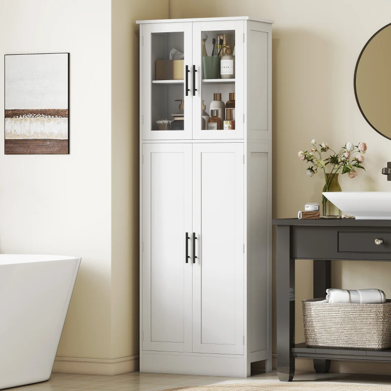 HOMCOM Meuble de salle de bain haut 6 niveaux, meuble de rangement avec 4 portes dont 2 vitrées et étagères réglables, blanc