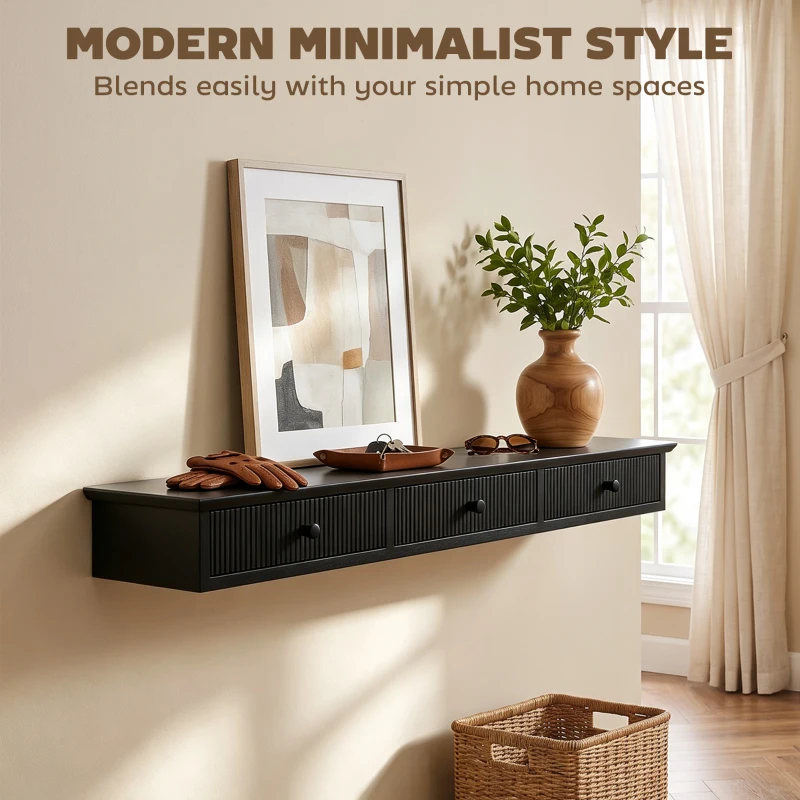 HOMCOM Shelf Wall-Mounted Storage Shelf Shelving Unit MDF 93 x 15 x 10 cm Entryway Kitchen Living Room, Black
