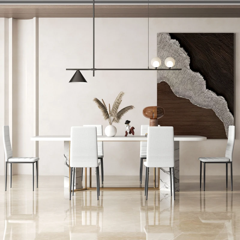 HOMCOM Pack de 6 Sillas de Comedor Modernas Tapizadas en Lino Sintético con Respaldo Alto y Patas de Metal 41x50x97 cm Blanco