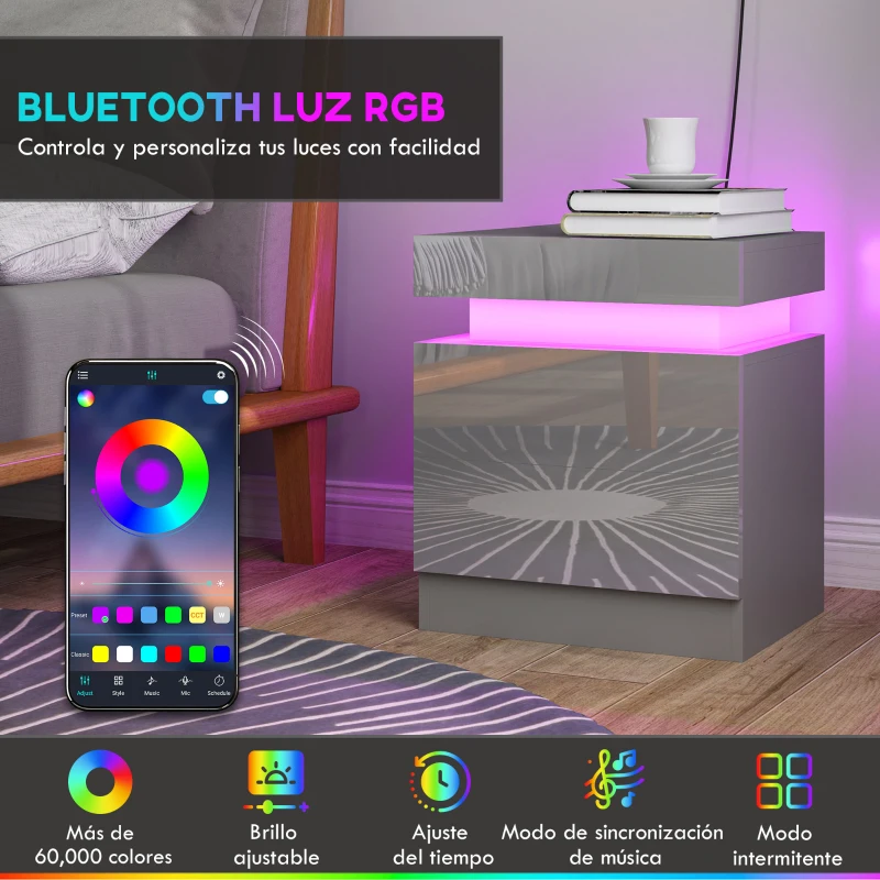 HOMCOM Mesilla de Noche con Luces LED 2 Cajones y Control de APP Mesa de Noche para Dormitorio Salón 45x35x52 cm Gris