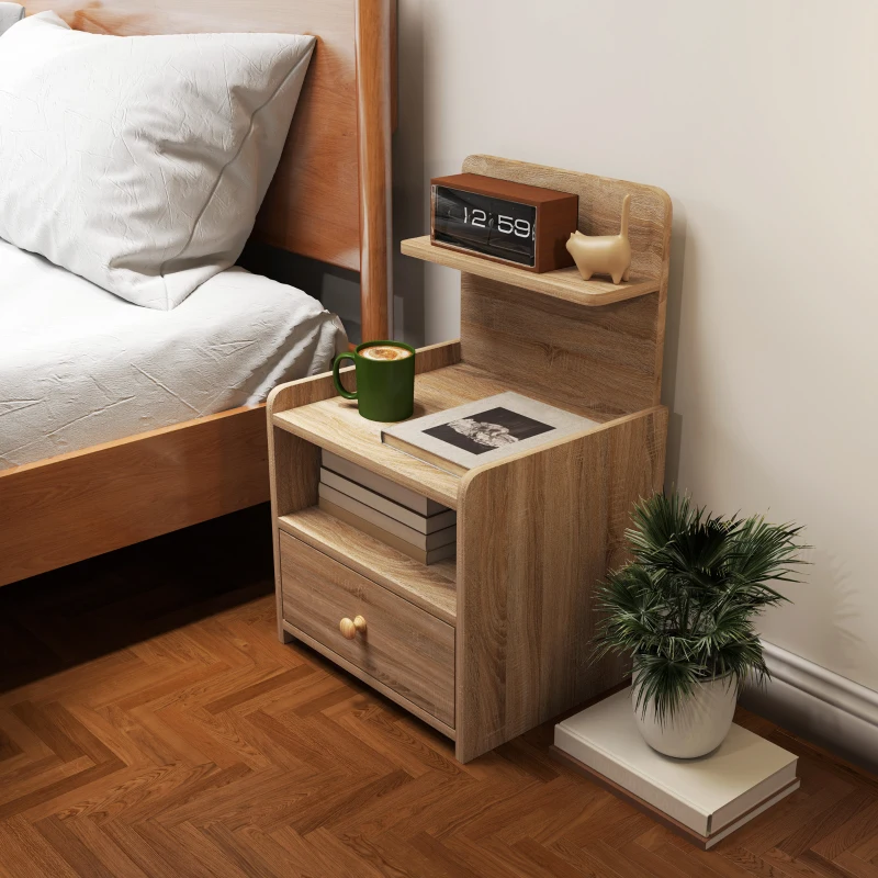 HOMCOM Bijzettafel, Nachtkastje met Opbergruimte, Spaanplaat, Kantelveilig, Modern, Natuurlijk Hout