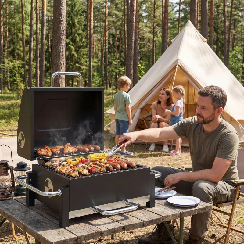 Outsunny Holzkohlegrill aus Stahl tragbarer BBQ Smoker mit Deckel verstellbare Lüftung zweistufige Kohlepfanne Thermometer