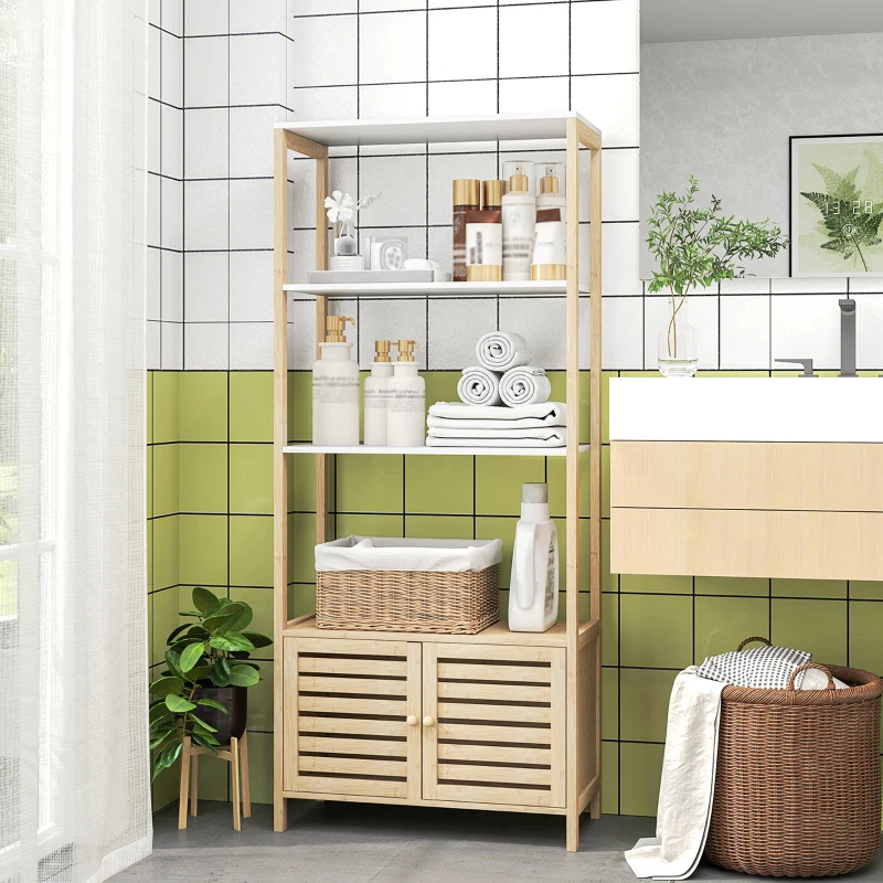 HOMCOM Estante para Casa de Banho de Bambu com 3 Prateleiras Abertas Estante de Arrumação Casa de Banho com Portas Ripadas 63x30x138 cm Madeira e Branco