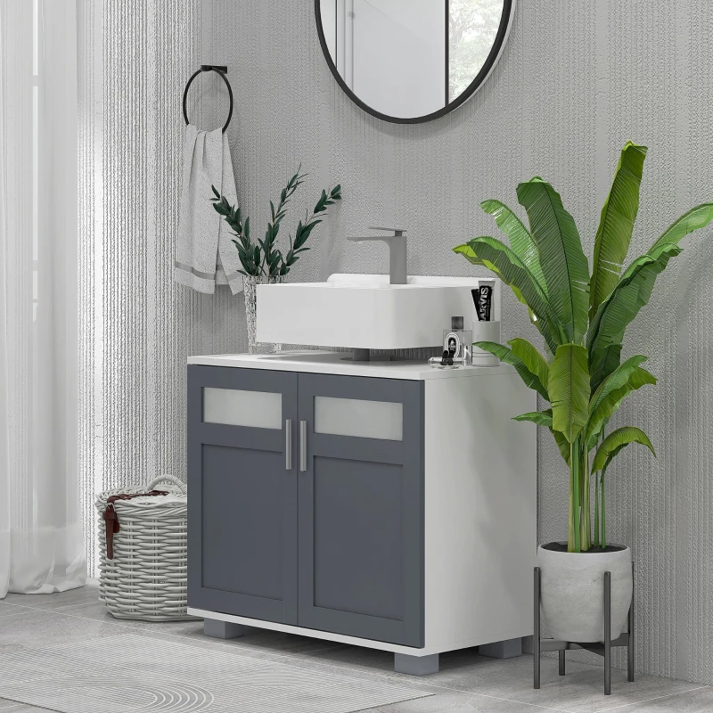 kleankin Mueble para Debajo del Lavabo Armario de Baño Bajo Lavabo con 2 Puertas de Vidrio Templado 69x35x59 cm Blanco y Gris