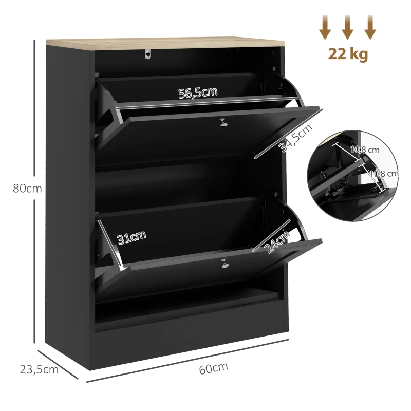 HOMCOM Meuble à Chaussures 12 Paires, Meuble d'Entrée avec 2 Tiroirs Rabattables et Étagères Réglables, 60 x 23,5 x 80cm, Noir