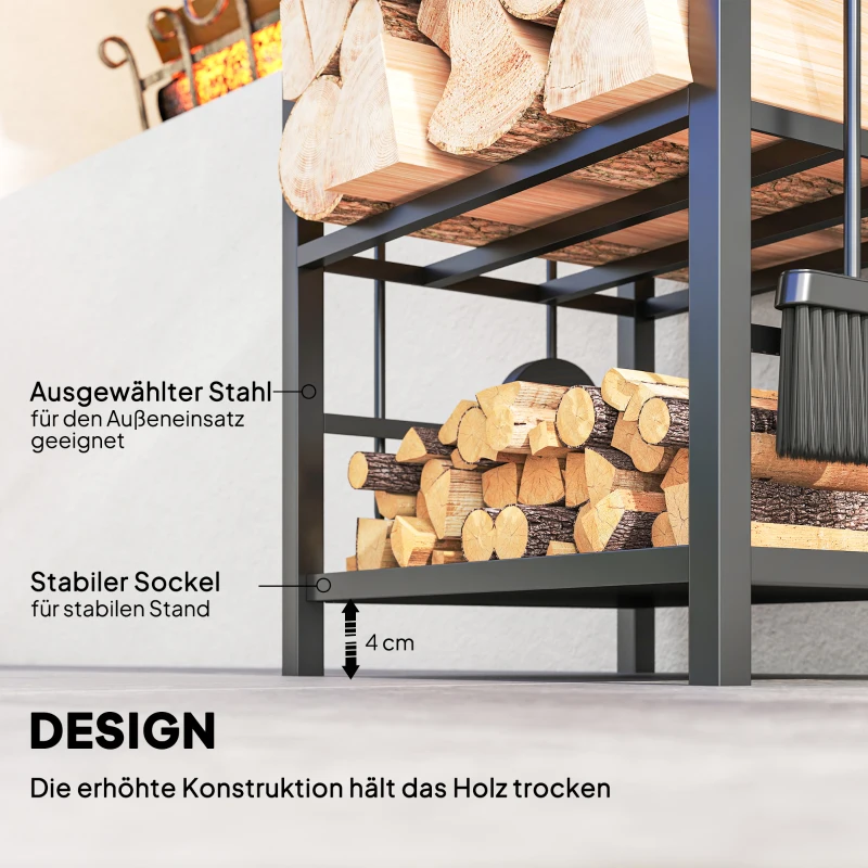 Outsunny Kaminholzständer, Brennholzregal, 2 Etagen, Kaminbesteck, bis 100 kg, Stahl, Schwarz, 40 x 30 x 74,5 cm