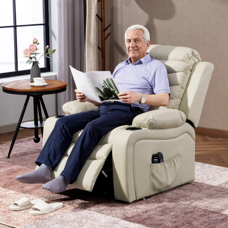 HOMCOM Elektrische Relaxstoel met Opsta-hulp, Massage, Verwarming, USB-aansluiting, PU-leer, Crème